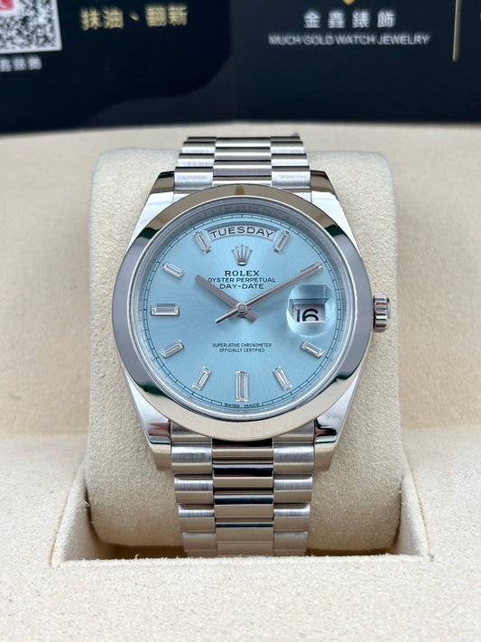 [SOLD OUT]二手 USED  ROLEX 勞力士 DAYDATE 228206 鉑金冰藍面方鑽字 2018年6月 保養卡