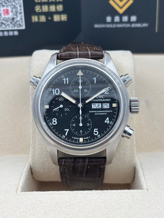 二手 USED  IWC 萬國 PILOT DOUBLE CHRONOGRAPH IW3713 黑色 OPEN DAY 追針 保養卡