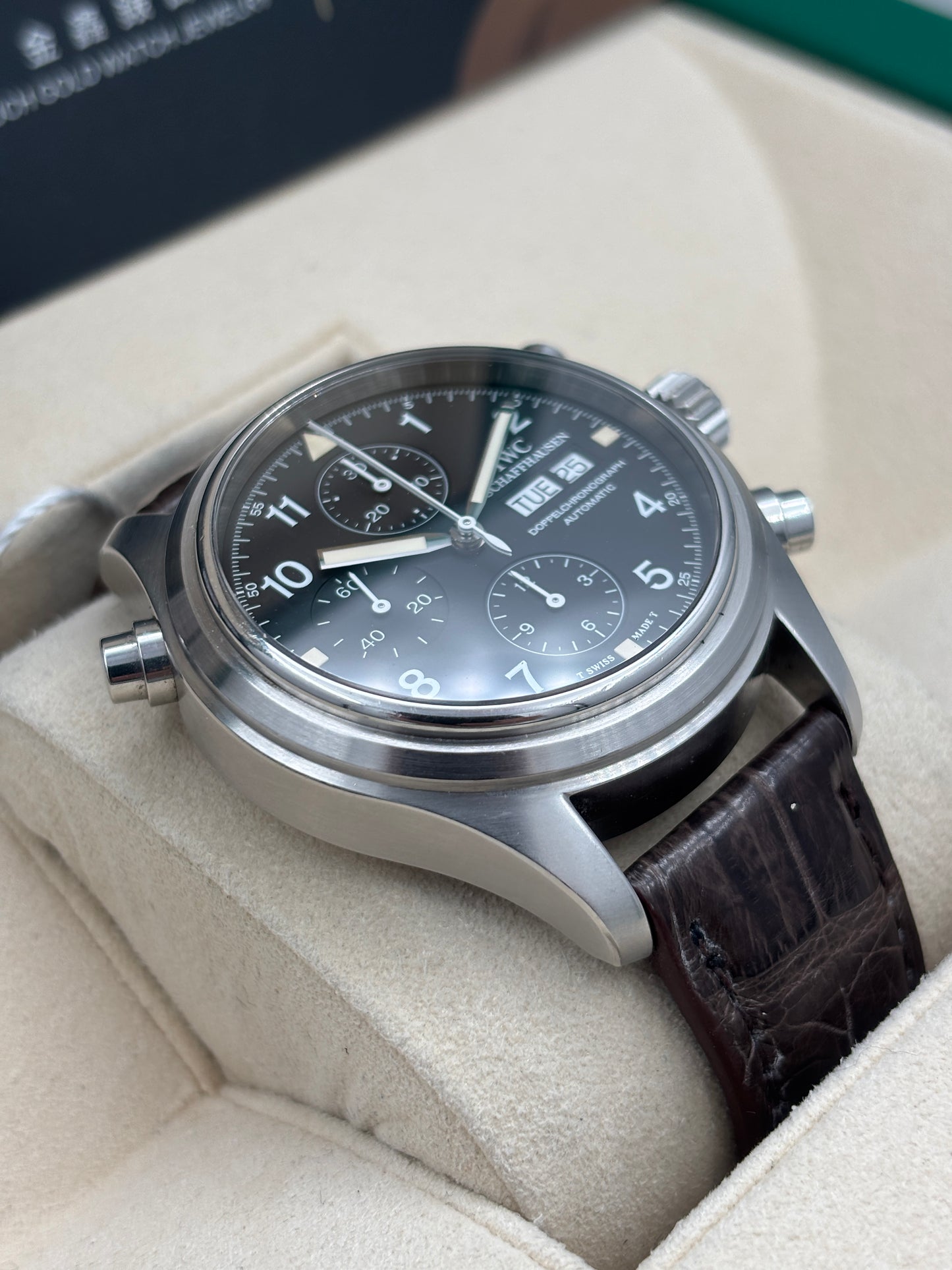 二手 USED  IWC 萬國 PILOT DOUBLE CHRONOGRAPH IW3713 黑色 OPEN DAY 追針 保養卡