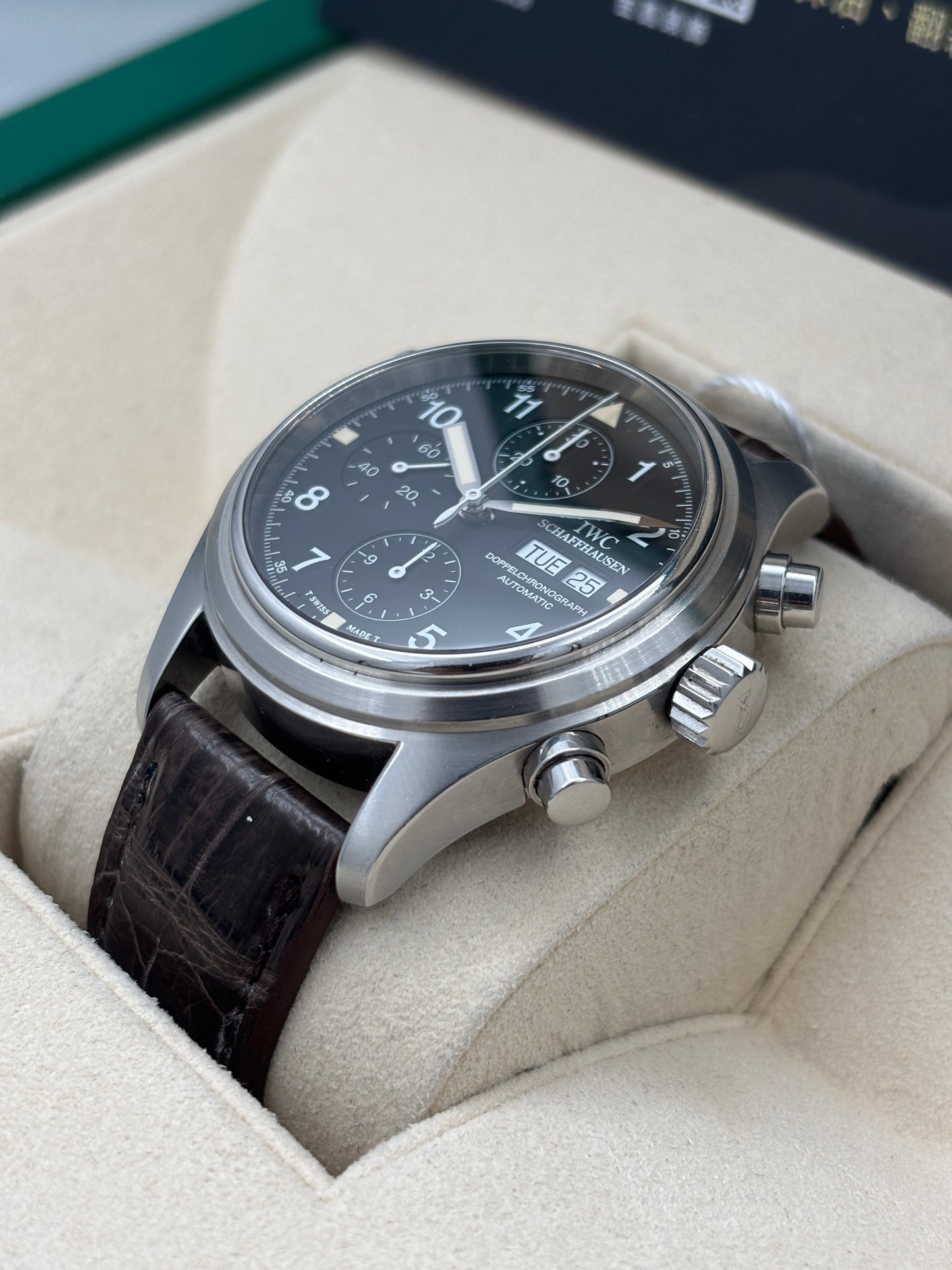二手 USED  IWC 萬國 PILOT DOUBLE CHRONOGRAPH IW3713 黑色 OPEN DAY 追針 保養卡