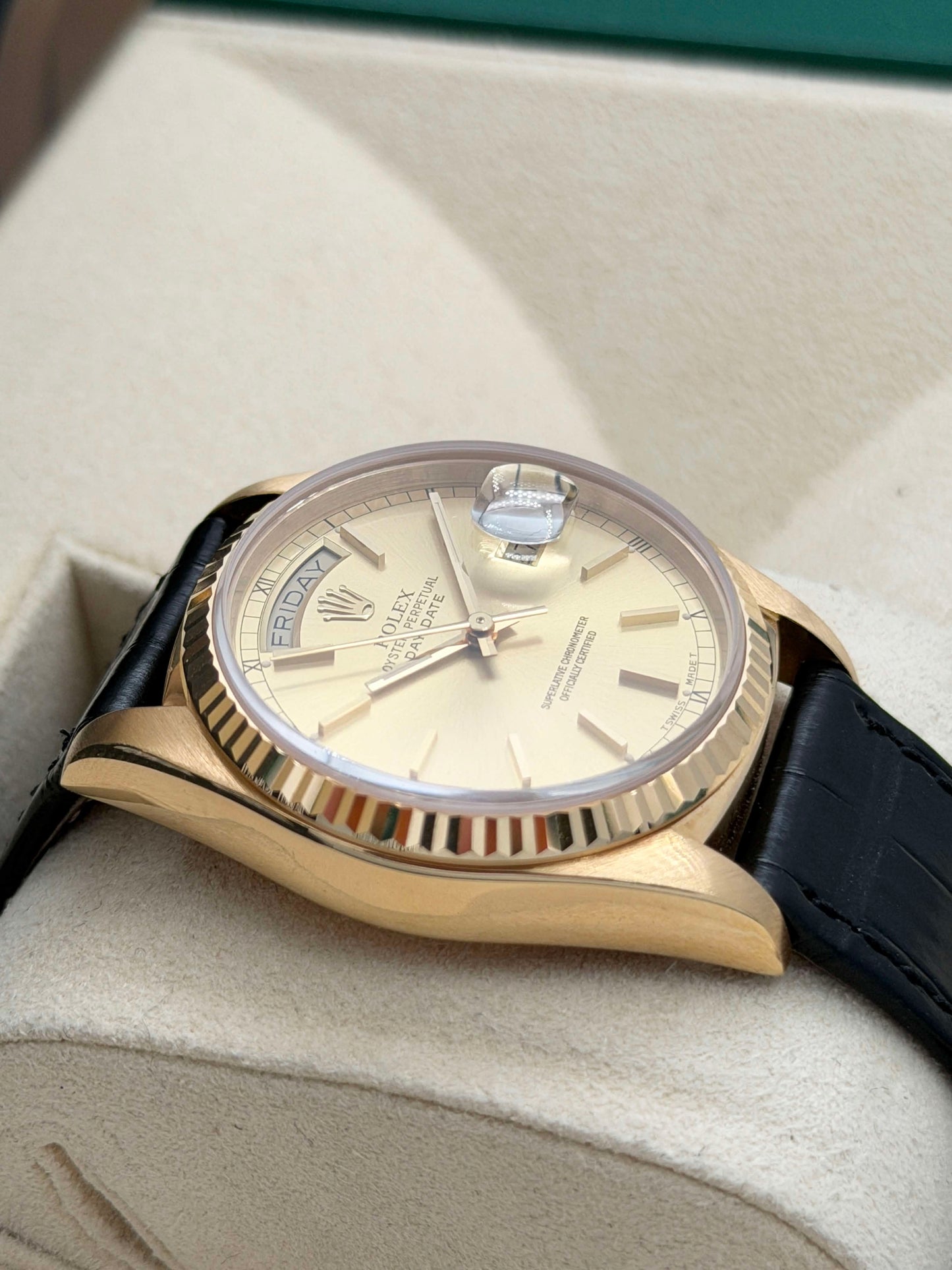 二手 USED ROLEX 勞力士 DAY-DATE 18038 約1988 金色面 皮帶 保養到2027年3月