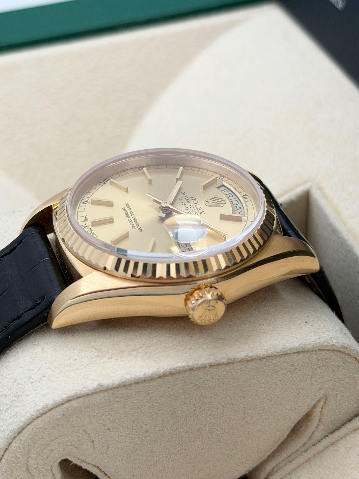 二手 USED ROLEX 勞力士 DAY-DATE 18038 約1988 金色面 皮帶 保養到2027年3月