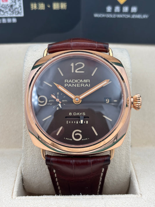 [SOLD OUT]二手 USED  PANERAI 沛納海 RADIOMIR 8 DAYS GMT ROSSO PAM00395 啡色 2017年4月 18K金 錶重4.11兩 全套 FULL SET