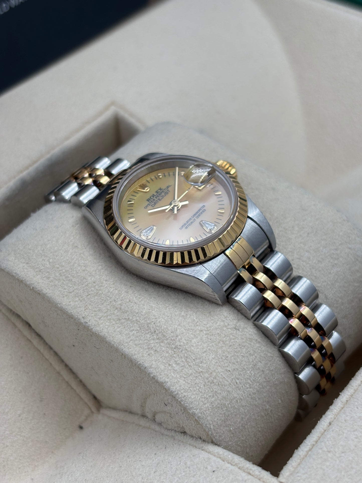 二手 USED  ROLEX 勞力士 DATEJUST 79173 黃貝殼面 水滴鑽 2002年11月 全套 FULL SET