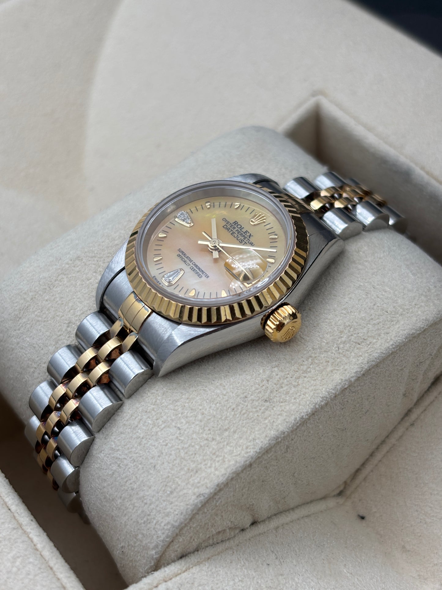 二手 USED  ROLEX 勞力士 DATEJUST 79173 黃貝殼面 水滴鑽 2002年11月 全套 FULL SET