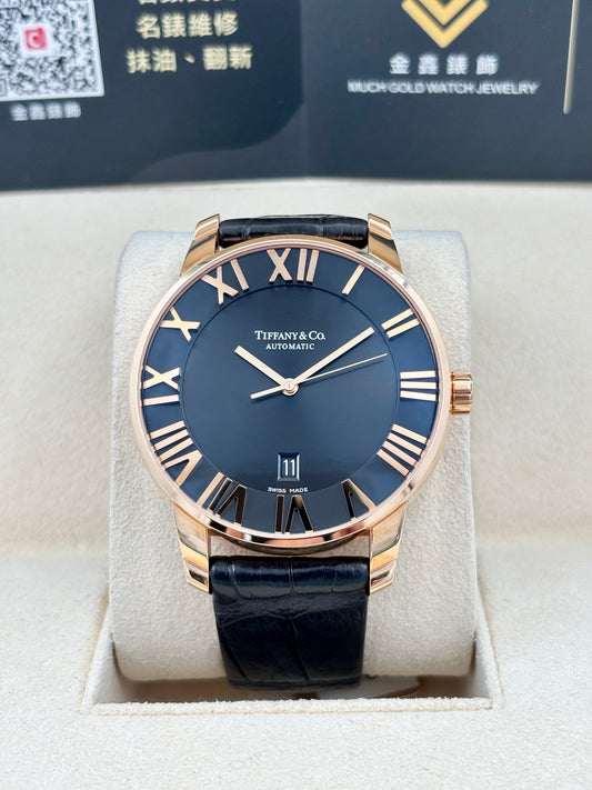 二手 Used TIFFANY&CO. ATLAS DOME Z1810.68.30A10A70A 黑色羅馬字 18k黃金 OPEN DAY 保養卡