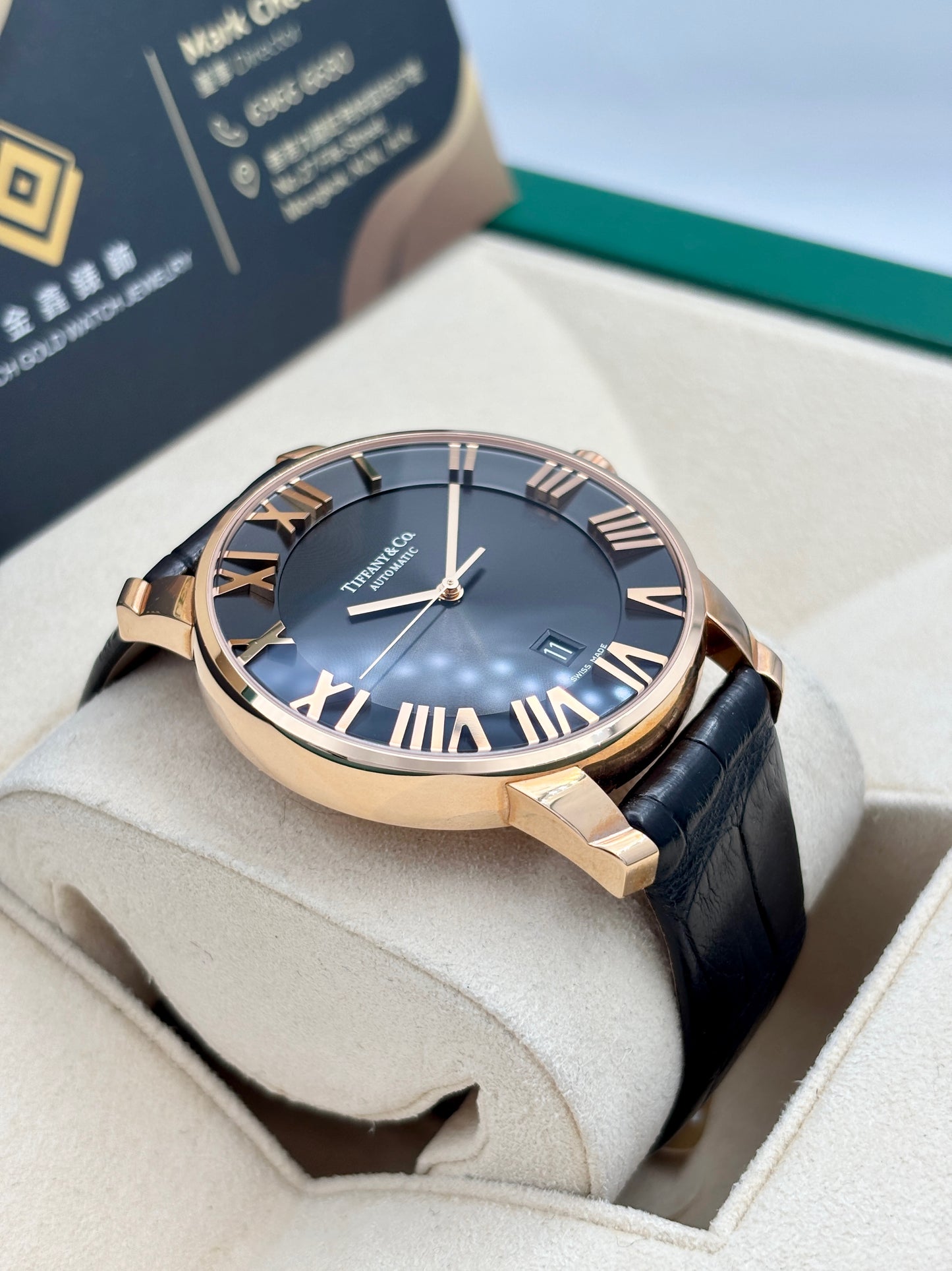 二手 Used TIFFANY&CO. ATLAS DOME Z1810.68.30A10A70A 黑色羅馬字 18k黃金 OPEN DAY 保養卡