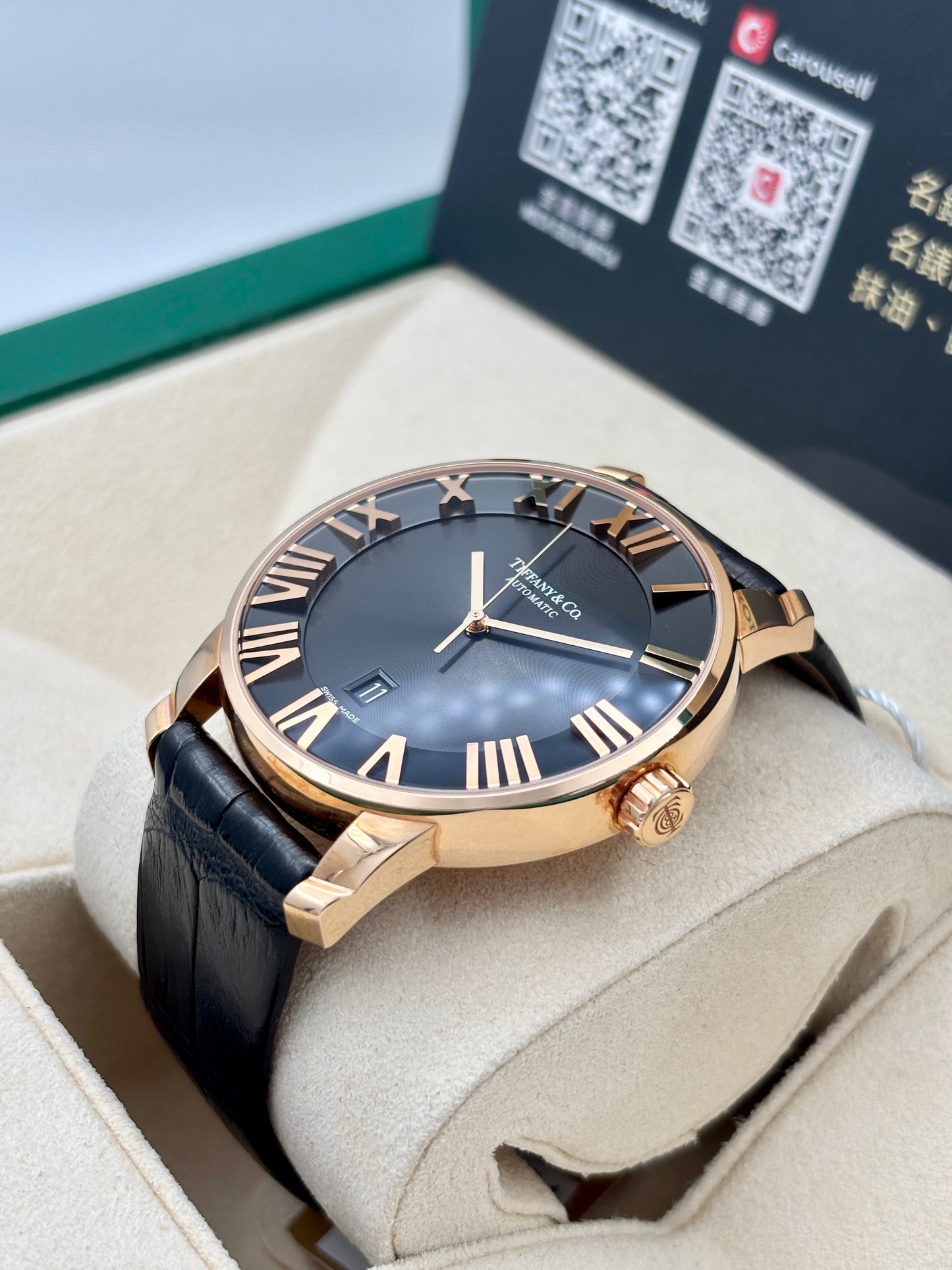 二手 Used TIFFANY&CO. ATLAS DOME Z1810.68.30A10A70A 黑色羅馬字 18k黃金 OPEN DAY 保養卡