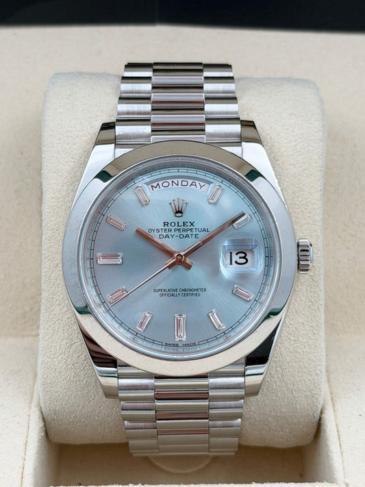 [SOLD OUT]二手 USED ROLEX 勞力士 DAY-DATE 40 228206 冰藍面方鑽字 鉑金 2018年6月