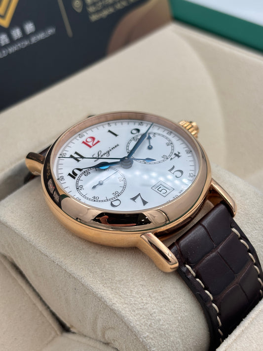二手 USED  LONGINES 浪琴 HERITAGE 180TH ANNIVERSARY MONOPUSHER CHRONOGRAPH L2.775.8.23.3 白色 2025年11月 全套 FULL SET